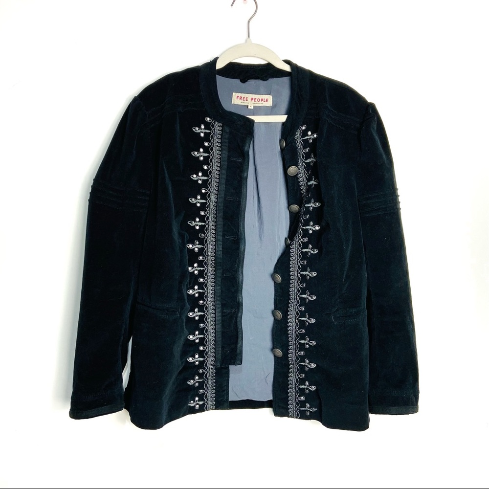 FREE PEOPLE MAVEN PINTUCK JACKET BLACK Women XL Embroidered Military Bandleader